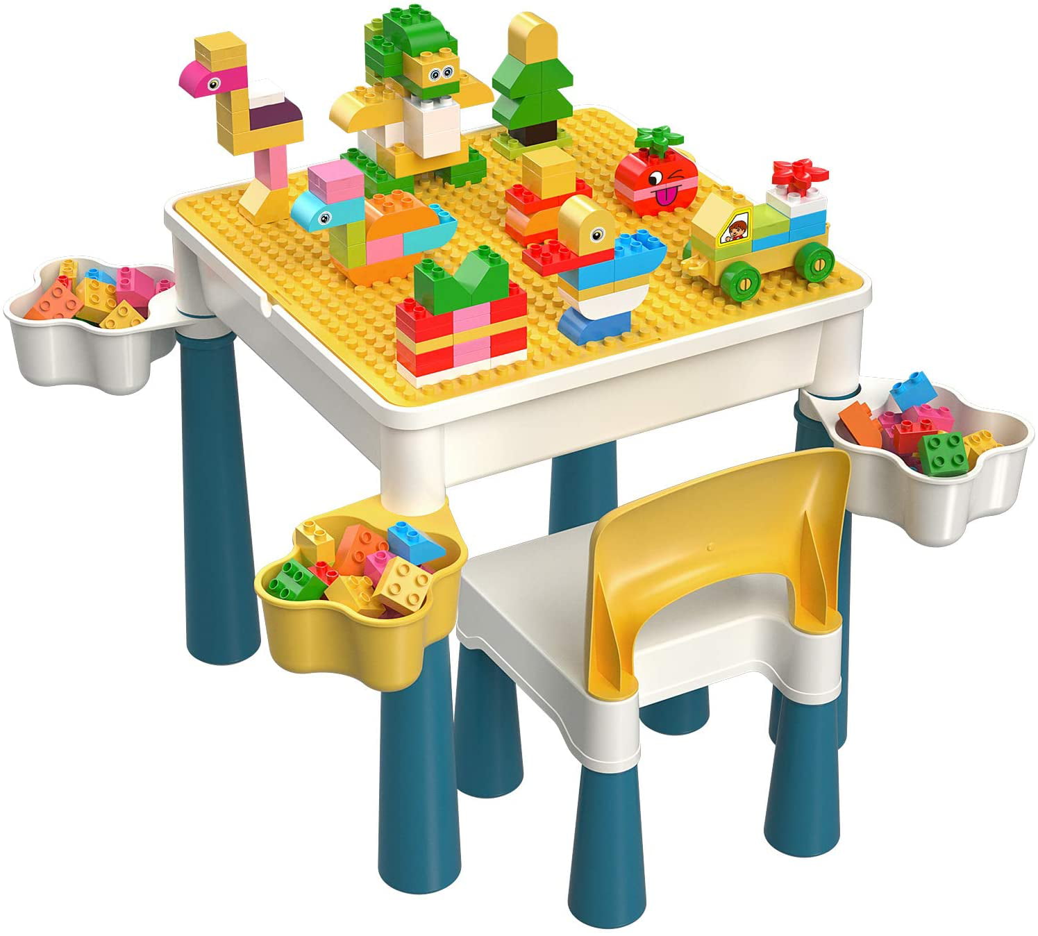 128 Pieces Large Building Blocks Compatible Bricks Toy Kids 5-in-1 Multi Activity Table Set Green Baseplate Board/Blue Color Play Table Includes 1 Chair and Building Block Table with Storage