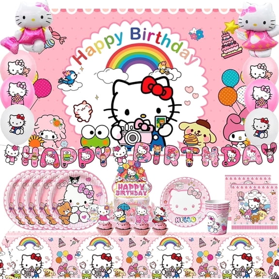 Cartoon Birthday Decorations Supplies,124pcs Cartoon Kitty Party Decorations & Tableware Set - Cartoon Party Plates Cups Napkins Table Cloth Balloons etc Cartoon Birthday Party Supplies