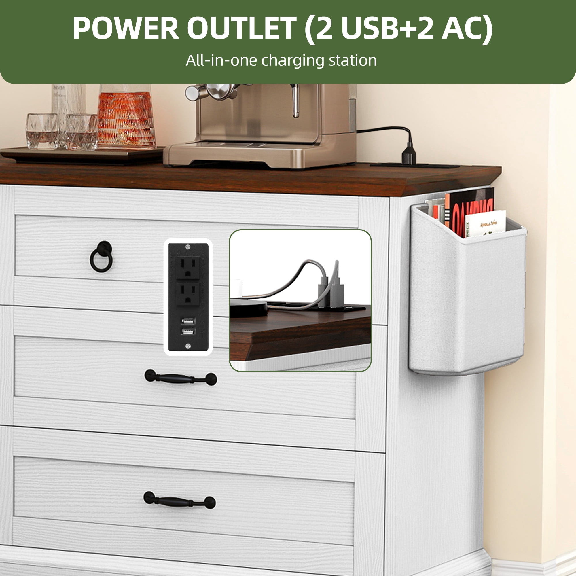 Uforic 6-Drawer Double Dresser with Power Outlets, Horizontal Wood Chest of Drawer, White