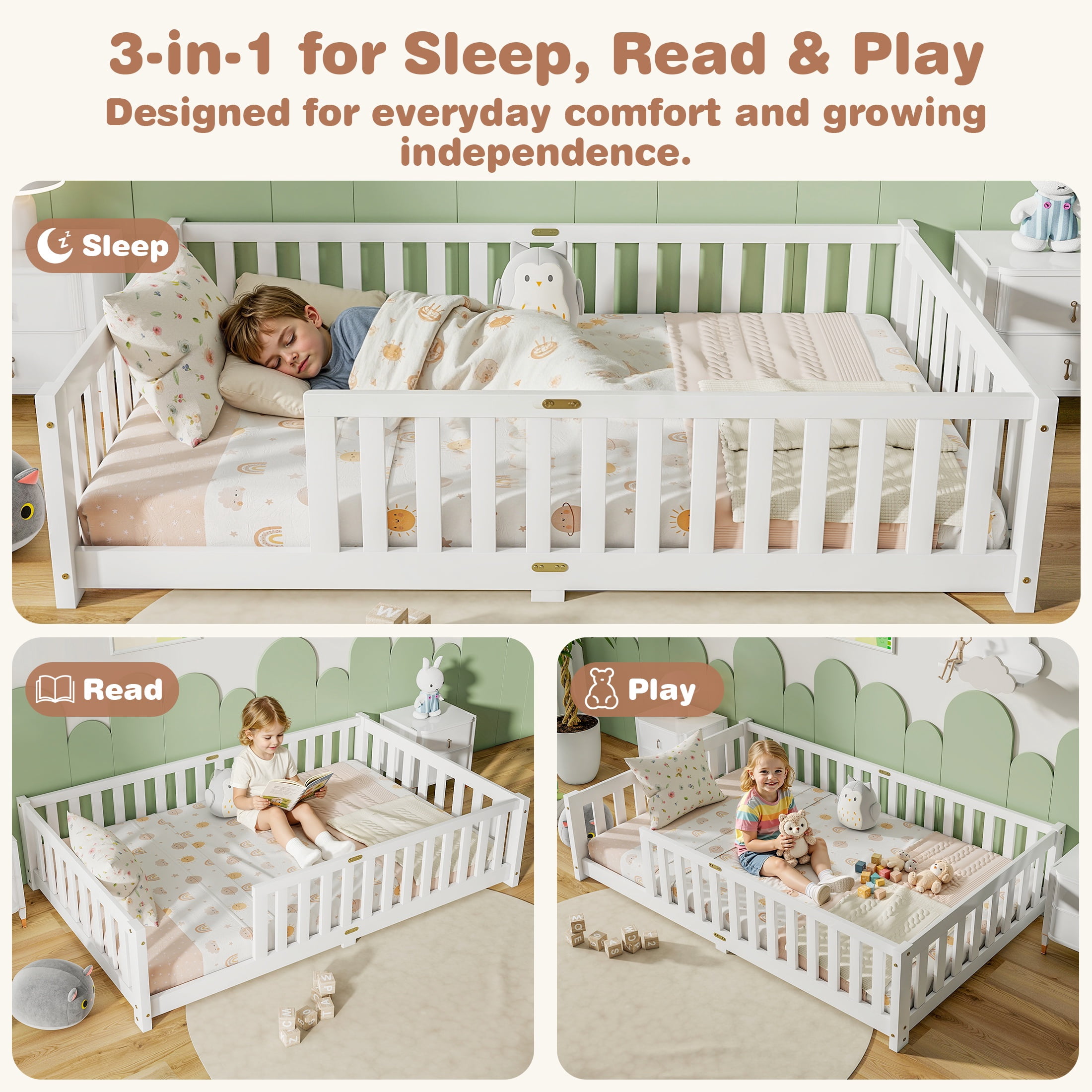 Sesslife Twin Montessori Floor Bed, Wood Twin Size Floor Bed Frame with Safety Guardrails and Slats, Low Profile Toddler Bed for Kids Boys and Girls, No Box Spring Needed, White