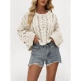 thumbnail image 4 of Women Chunky Cable Crop Sweater Pullover Casual Half Button Flared Long Sleeve Jumper Tops Apricot L, 4 of 7