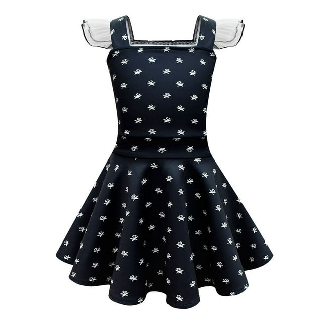 HAWEE Costume d'Addams pour Filles Robe Noire à Manches Volantées Robe Décontractée Fête d'Halloween Cosplay Wednesday Addams avec Perruque, Sac