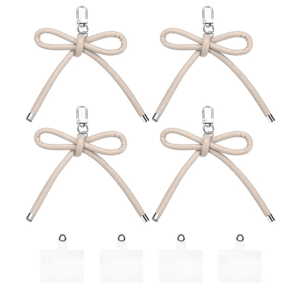 Uxcell 4 Pcs Bow Keychains PU Leather Key Chain Hanging Accessories Pendant Keychain Clip for Women Car Key Phone Charm Purse Bag Backpack Hanging Decorations, Beige