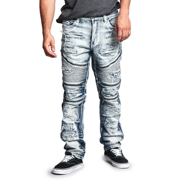 formeel geboren conversie Victorious Men's Distressed Wash Slim Fit Moto Pants Biker Jeans - Ice - 38/32  - Walmart.com
