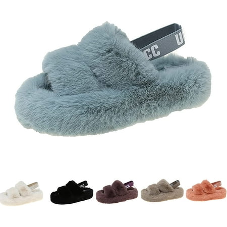 

Womens Fuzzy Memory Foam Slippers，Double Buckle Cozy Plush Lightweight Home Slippers Fluffy Furry Open Toe House Shoes Indoor Outdoor Slide Slipper