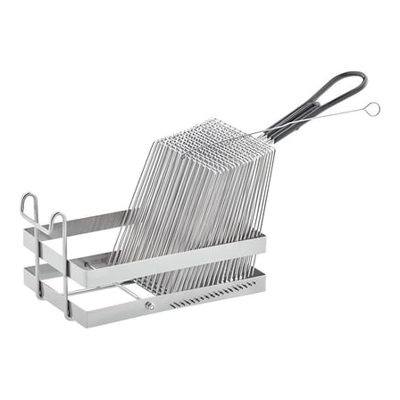 Pro Chef Series 18-Slot Tostada Fryer Basket | 18 1/2" x 6 5/16" x 8 1/2" -Plated Steel Tostada Fry Basket with Front Hook