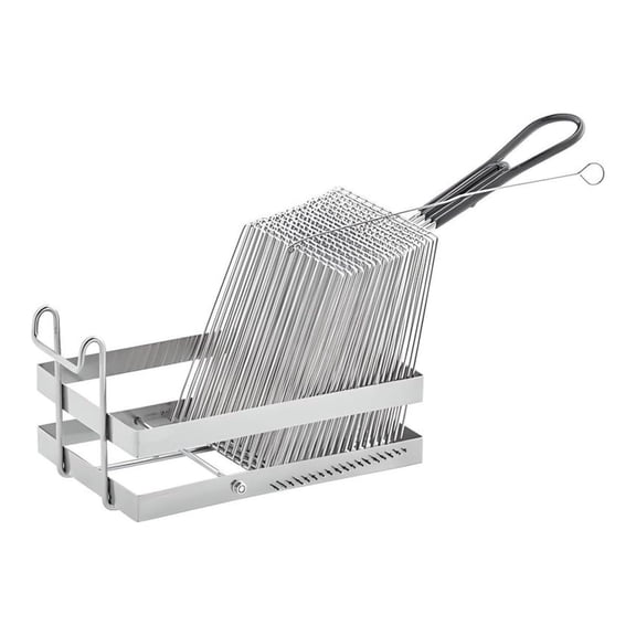 Pro Chef Series 18-Slot Tostada Fryer Basket | 18 1/2" x 6 5/16" x 8 1/2" -Plated Steel Tostada Fry Basket with Front Hook