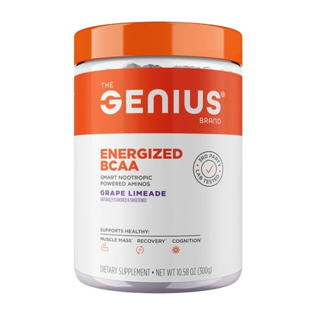 Genius BCAA Powder - 5g Vegan BCAAs L-Glutamine, Cognizin & Rhodiola Muscle Recovery Energy Support 100mg Caffeine Pre, Intra, Post-Workout Nootropic Supplement for Focus & Performance -Grape Limeade