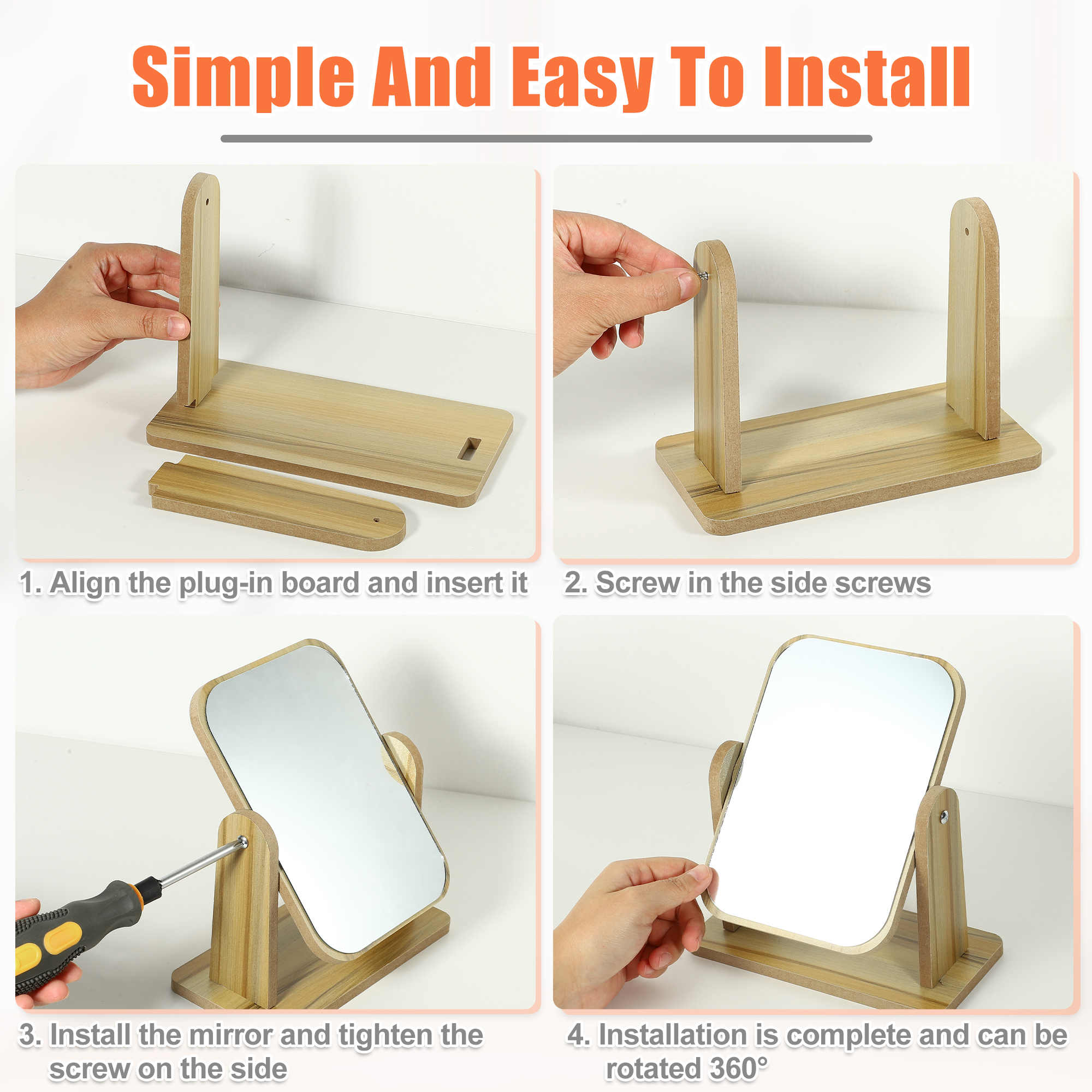 Unique Bargains Wooden Makeup Mirror 360 Rotating Desk Stand Beige 8.07"x3.94"x9.84"