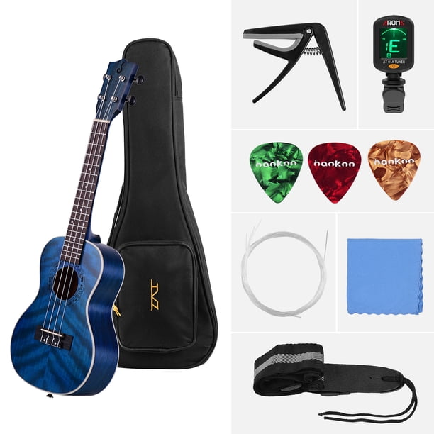 Ukulele Concert Acústico de 23 Pulgadas en Color Azul, Cuerpo de Madera Contrachapada, Diapasón y Puente de Madera Tecnológica, Afinadores Abiertos, Incluye Accesorios (Color Aleatorio) – Ideal para