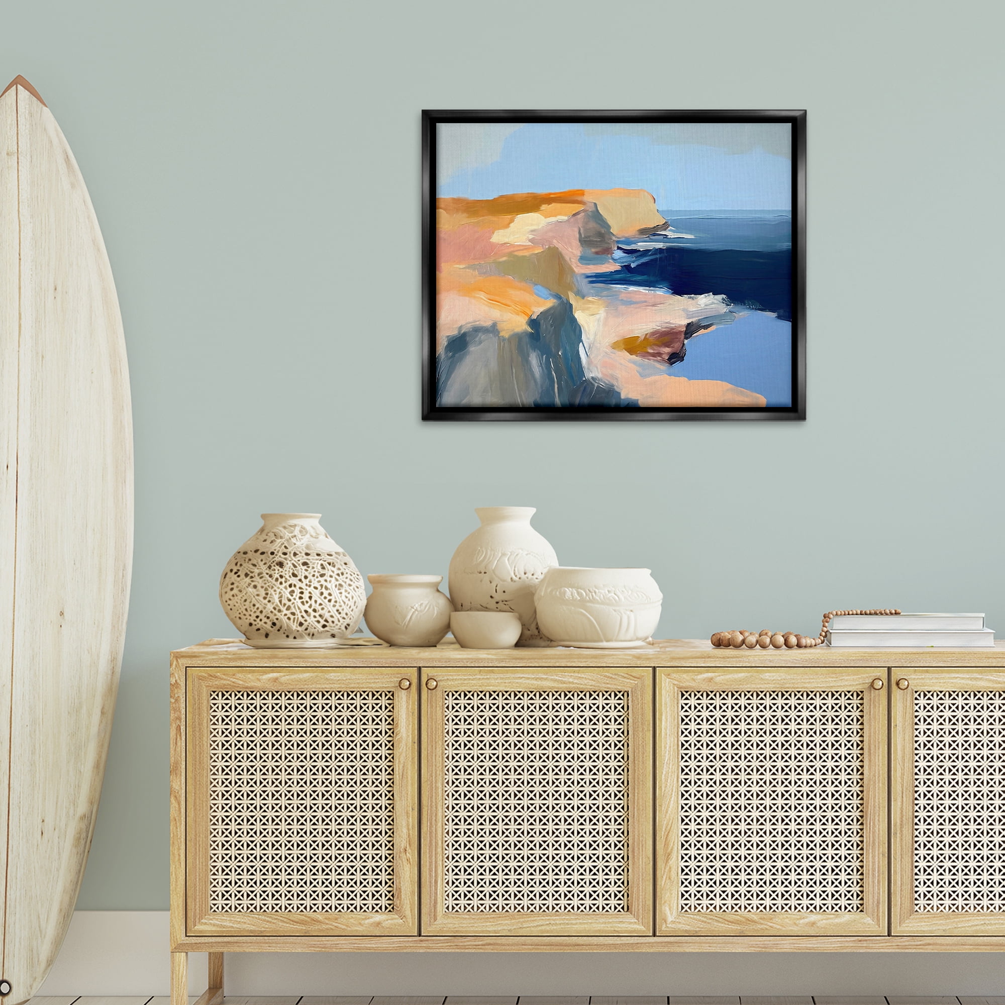 Stupell Industries Rugged Cliffs Coastline Coastal Painting Black Floater Framed Canvas Art Print Wall Art, 31 x 25