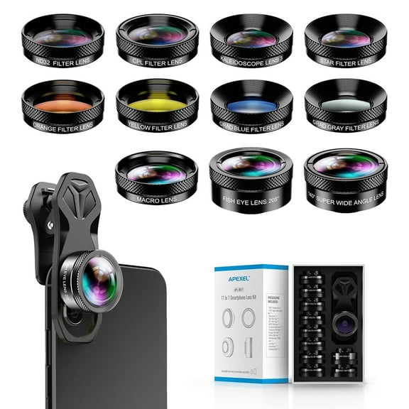 Apexel 11 in 1 Wide Macro Fisheye ND Kaleidoscope CPL Color Filter Phone Camera Lens Kit