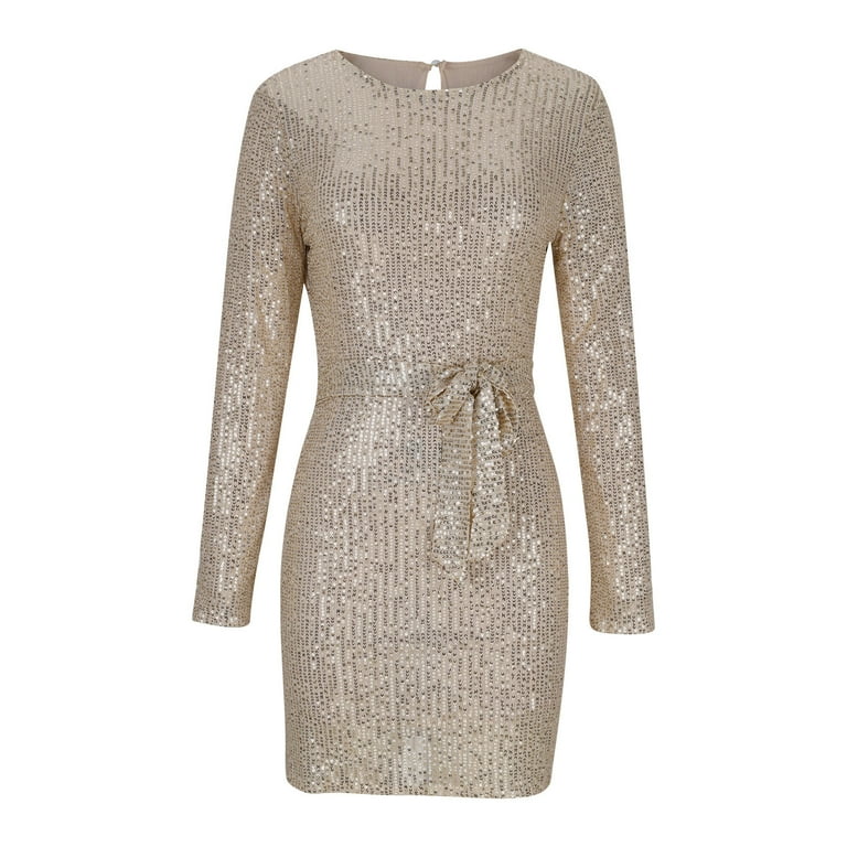 knee length gold sequin dress Marsoni M318S Knee-Length Semi-Formal Dress Champagne / 4 main image 0