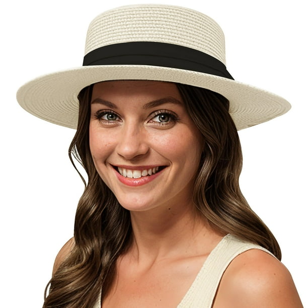 Sombrero para el sol Hat Lanzom UPF50+ de ala ancha de paja para el sol, color beige