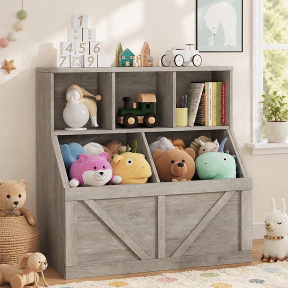 Kids Bookshelf and Toy Storage, Kids Toy Storage Organizer, Washed Grey Toy Organizer with Storage Cabinet and Cubby Shelf, Toddler Bookcase for Playroom, Bedroom, Nursery, Daycare, Preschool