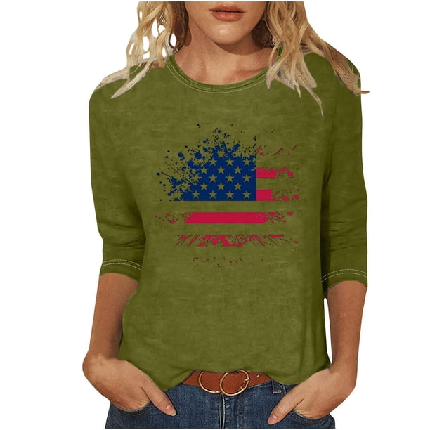 Camisetas de Manga Corta para las Mujeres Día de la Independencia Impreso Suelto Cuello Redondo Tee, Casual Y Blusas Festivas para las Mujeres Casual