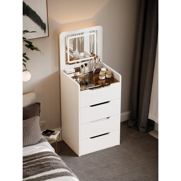 3 in 1 Vanity Desk with 3 Drawers and Rolling Stool, Compact Vanity with Flip Top Mirror and Lights, Modern Small Makeup Vanity Table
