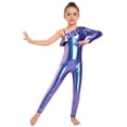 thumbnail image 2 of inlzdz Kids Girls Shiny Metallic Unitard Ruffle One Shoulder Full Body Jumpsuit Performance Dancewear Blue 10, 2 of 7