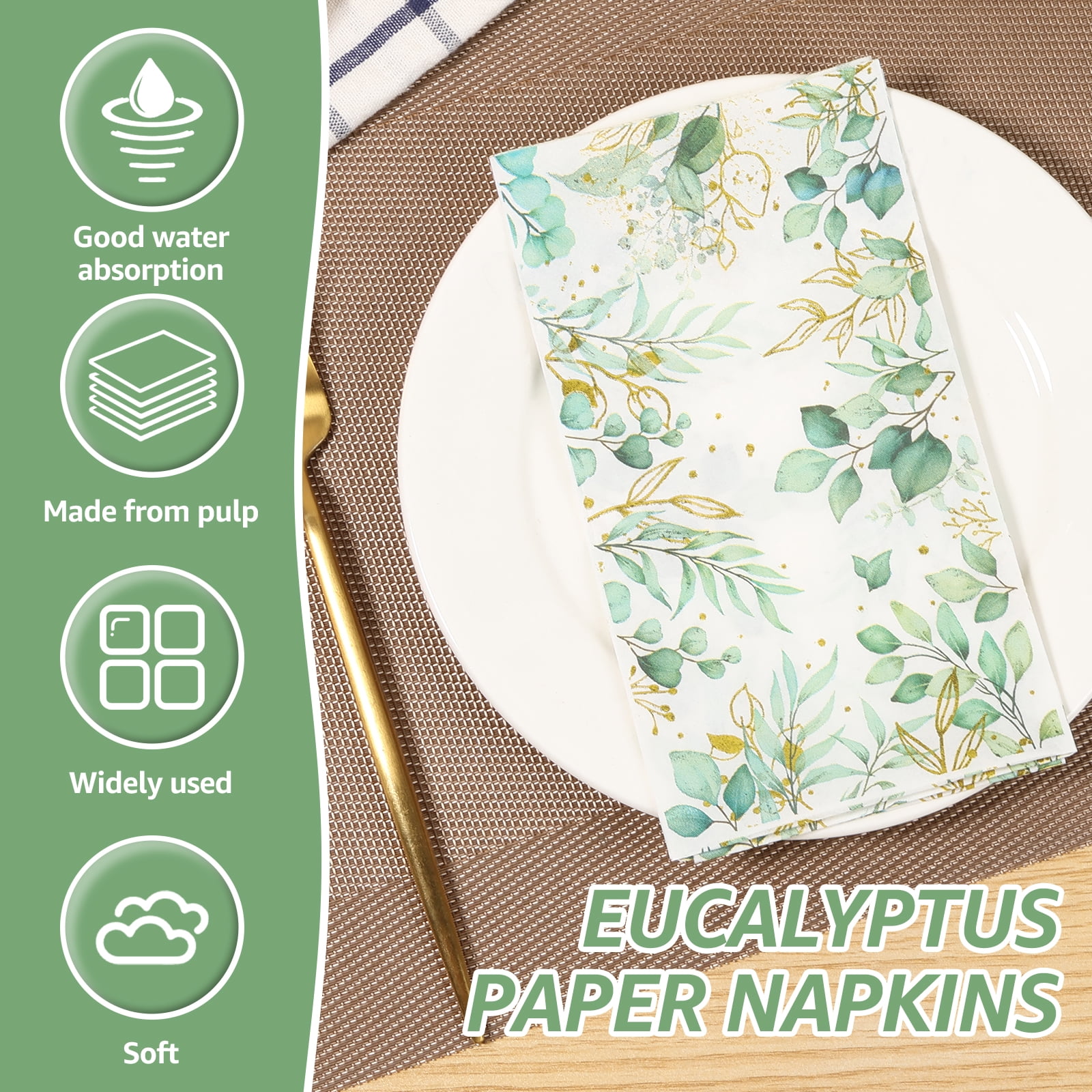 NUAHRHY 100pcs Eucalyptus Leaves Napkins, 3 Ply Disposable Hand Towels for Bathroom, Eucalyptus Leaf Guest Paper Napkins Dinner Napkins for Spring Wedding Baby Shower Bridal Shower Birthday Tea Party