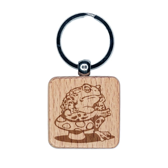 Bored Toad Frog on Toadstool Mushroom Square Keychain Charm Tag - Engraved Wood