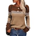 thumbnail image 2 of Women Fall Fashion Sweaters Colorblock Striped Crewneck Winter Trendy Pullover Tops Khaki XXL, 2 of 5