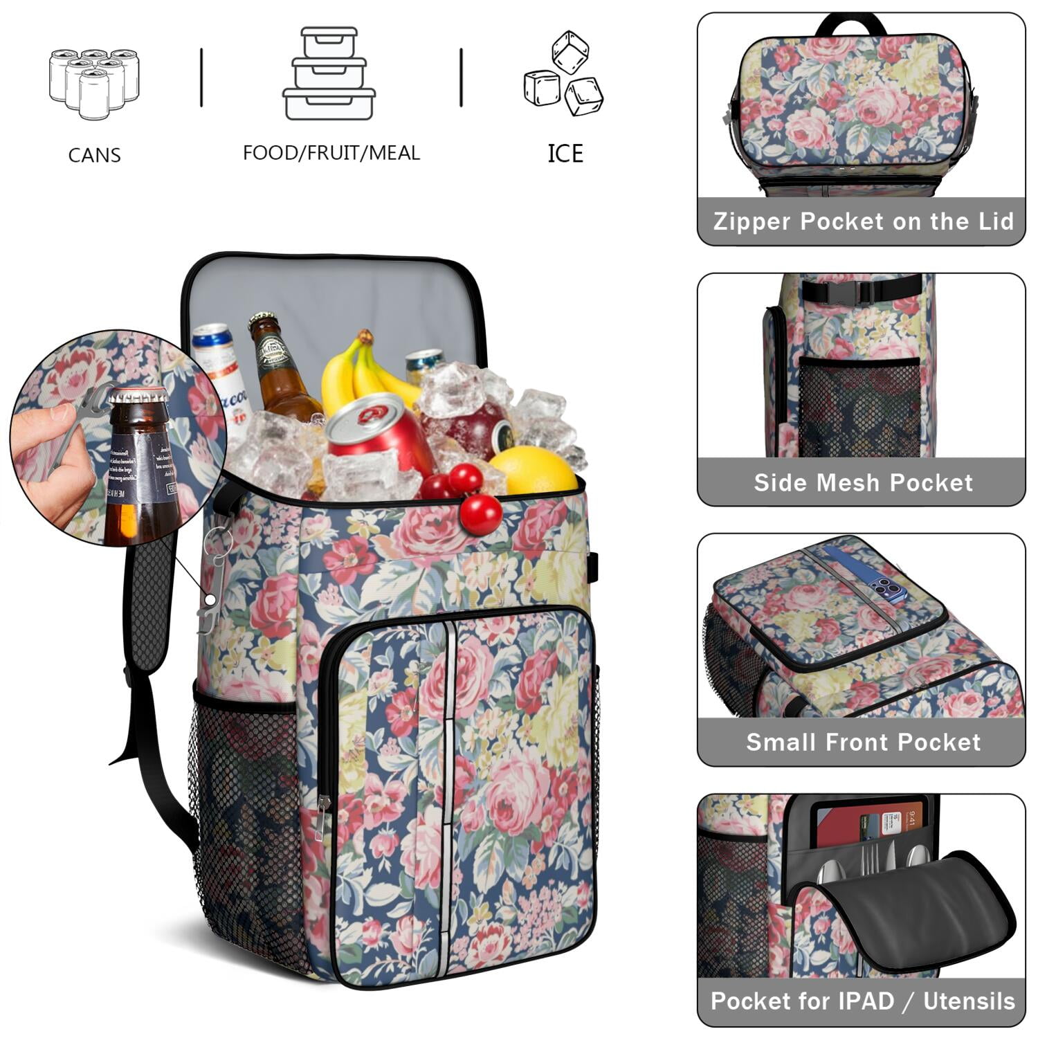 Travel Cooler Bag - Pioneer Flower Floral Print Pattern Camping Beer Cooler Backpack with Bottle Opener- Waterproof Insulated Picnic Backpacks - Cooler Bag for Beach