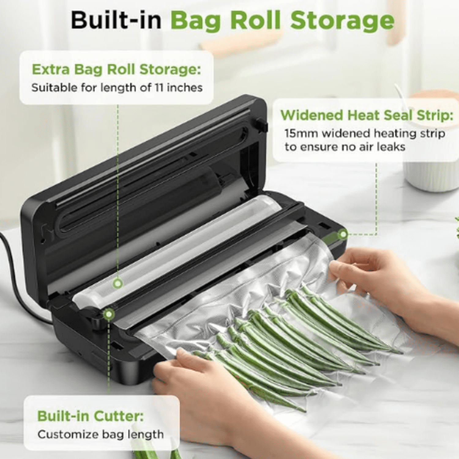 Vacuum Sealer Machine, 85Kpa Food Vacuum Machine, Food Vacuum Sealer with Bag Roll Storage Space, Dry&Moist Modes, Pulse Function, Built in Cutter, Bag Roll included, Silver