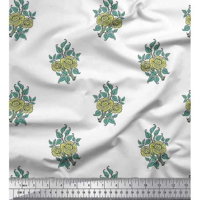 Soimoi Polyester Crepe Fabric Leaves & Floral Block Print Fabric by The Yard 52 Inch Wide