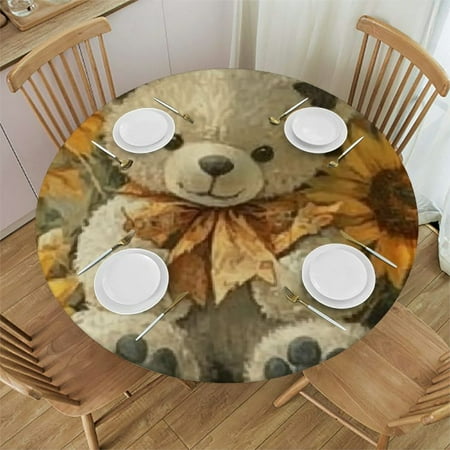 

Sheronv Teddy Bear Sunflowers Gothic Art Round Tablecloth 100% Polyester Outdoor Fitted with Elastic Edge Stain-Resistant and Washable for Restaurants Weddings Parties 38 -42
