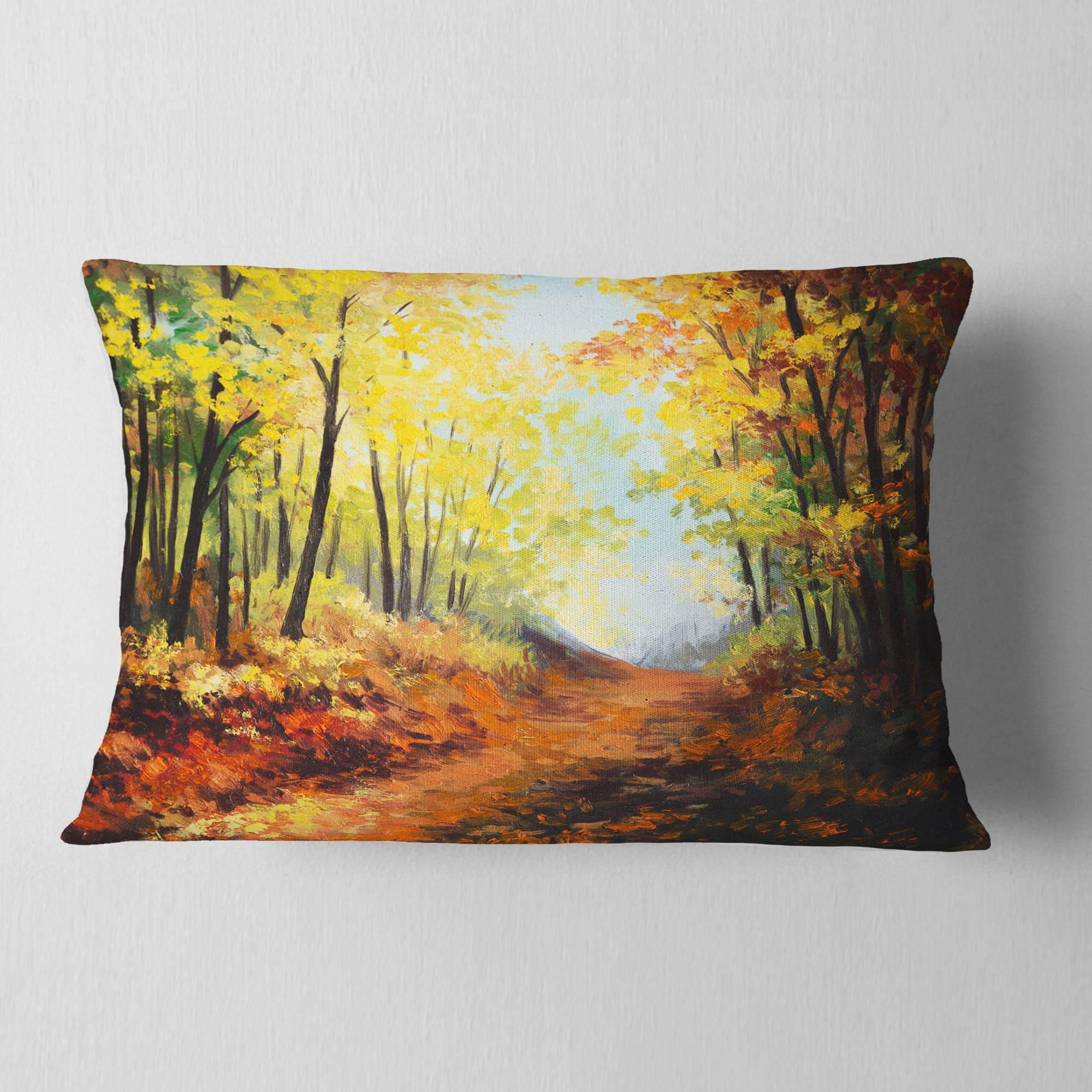Designart Autumn Forest Pathway - Landscape Printed Throw Pillow - 12x20