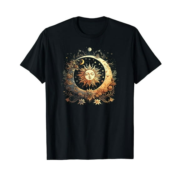 Celestial Sun and Moon Flowers T-Shirt for Men Women Cotton 100% Summer Casual Floral Short Sleeves