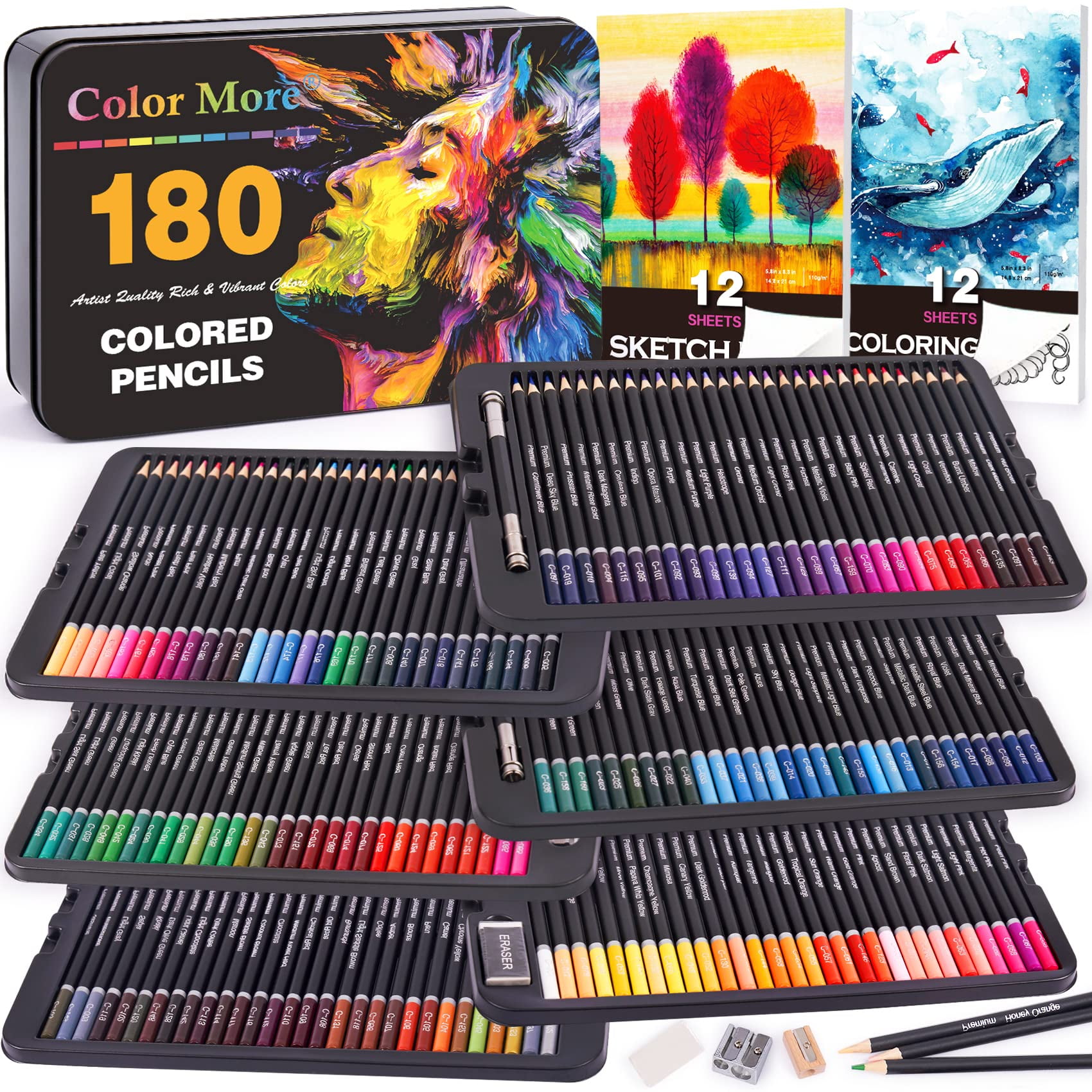 180-Color Artist Colored Pencils Set for Adult Coloring Books, Soft Core,  Profes