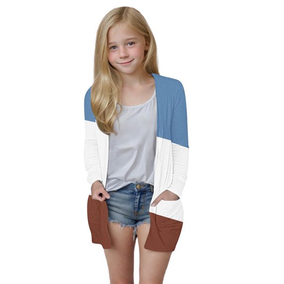 MKOSPLRT 5-14 Years Girls Color Block Print Long Sleeve Open Front Cardigan Casual Button Down Knee Length Coat with Pockets