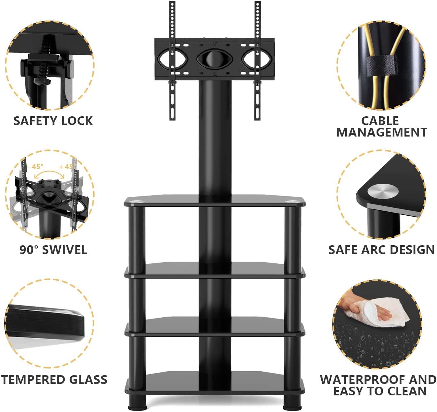 TAVR Furniture Black Corner TV Stand with Swivel Mount for TVs up to 55 inch 4 tier shelves