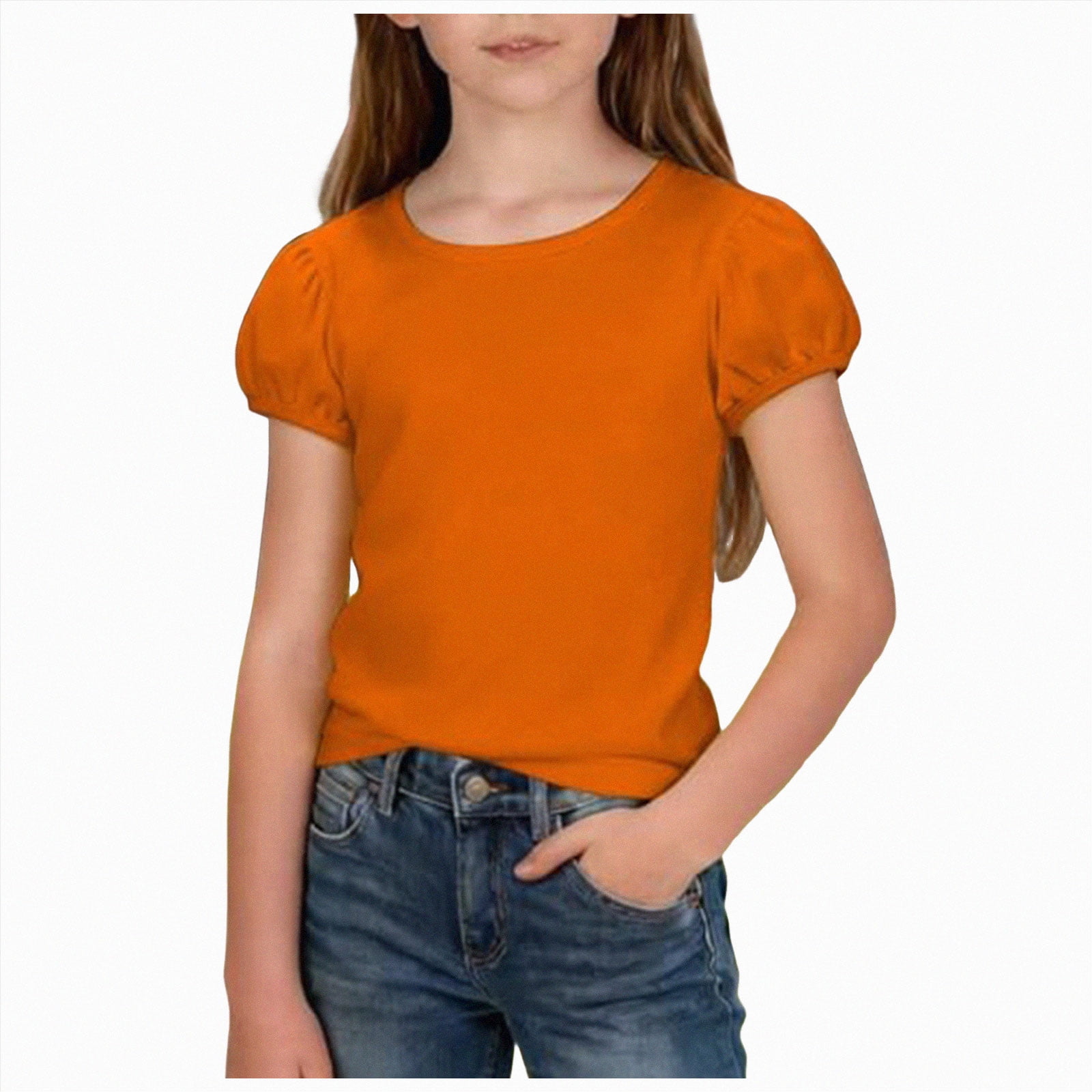 Quealent Teen Girls Puff Short Sleeve Shirt for Kids Summer Casual Slim Fit Tshirt Toddler Solid Color Crewneck Tops Baby Tees (Orange 9-10 Years)
