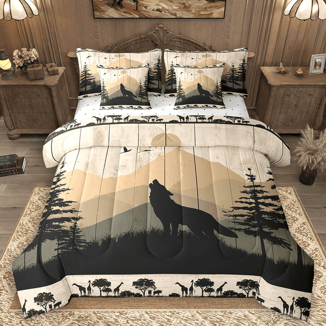 Manfei Howling Wolf Twin Bedding Sets 7pcs, Wild Jungle Animal Bedding Comforter Set, Nature Mountain Tree Sheet Sets, Ultra Soft Home Decor