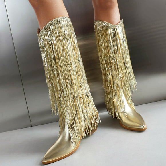 zhenglin Bottes Ornées pour Femmes - Mi-Mollet avec Sequins et Franges pour Automne Hiver