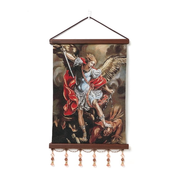 HZMAN St Michael Painting Retro Handmade Weave Wall Art Decor Holy Archangel Catholic Aesthetic Picture for Living Room Bedroom Wood Framed 17x12 inch