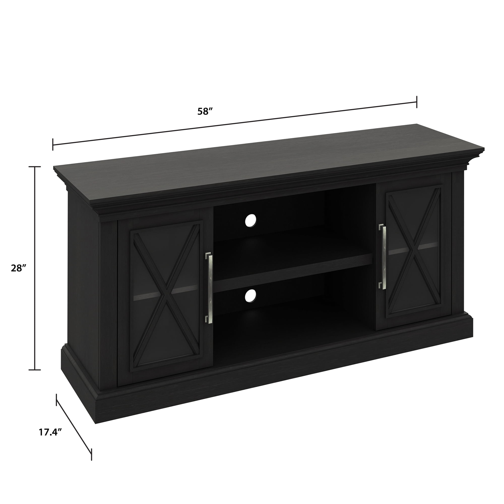 Luxe Society Hill TV Stand for TVs up to 65 inches Screen Size with Two Side Cabinets and Open Center Shelves in York Black