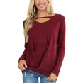thumbnail image 2 of Top de manga larga para mujer, dobladillo torcido, escote recortado, informal, suelto, color sólido, manga larga, jersey, camiseta, top, rojo vino M, 2 of 6