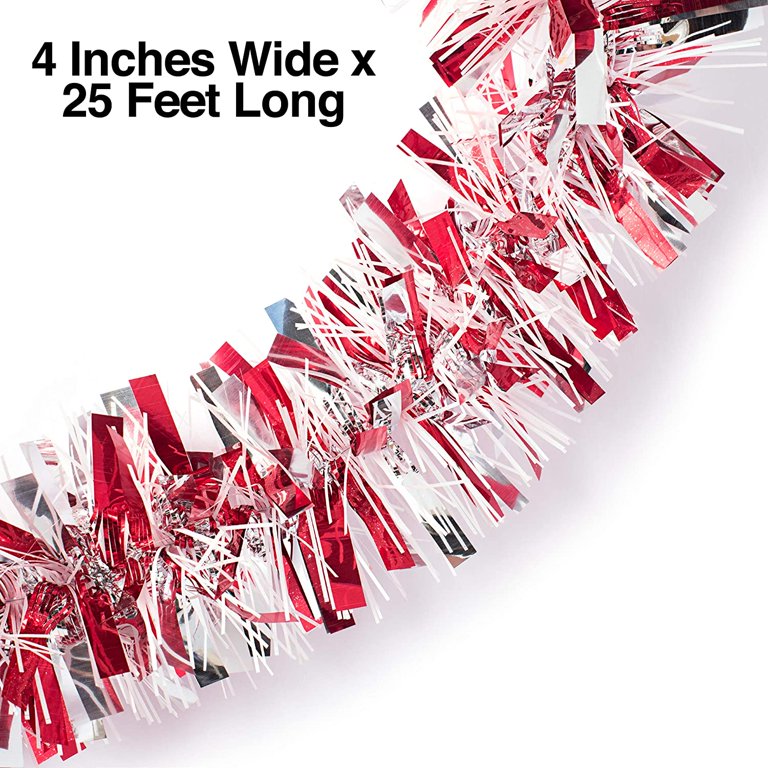 25 FT Extra Christmas Long Red and Silver Metallic Tinsel Twist Garland For  Christmas Tree Party Decoration 4 inches Wide x 25 ft Long 