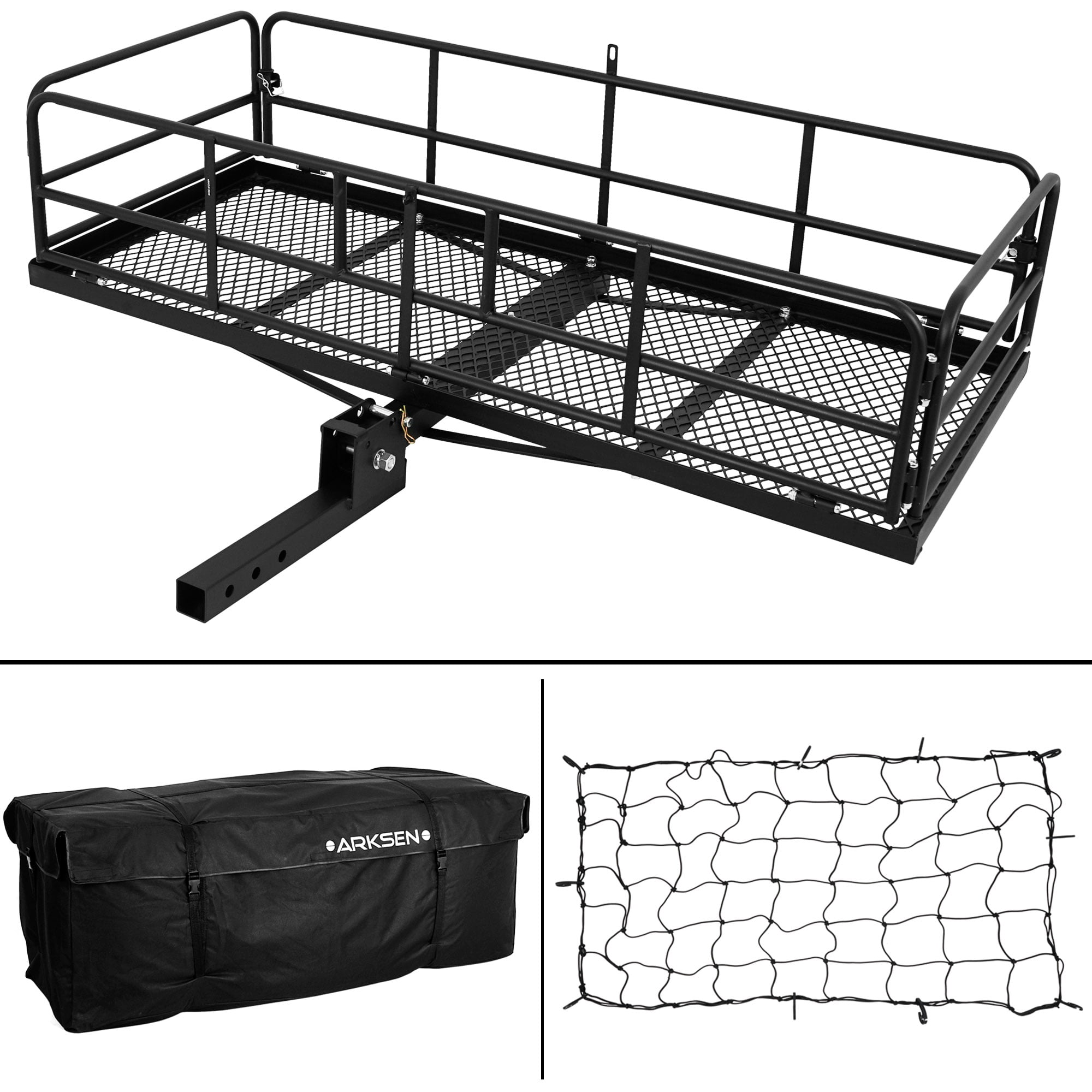 ARKSEN Foldable 60x 24x 14 Luggage Basket With Cargo Bag & Nylon Net Combo Trailer Hitch Carrier Fit 2 Receiver Camping RV SUV 