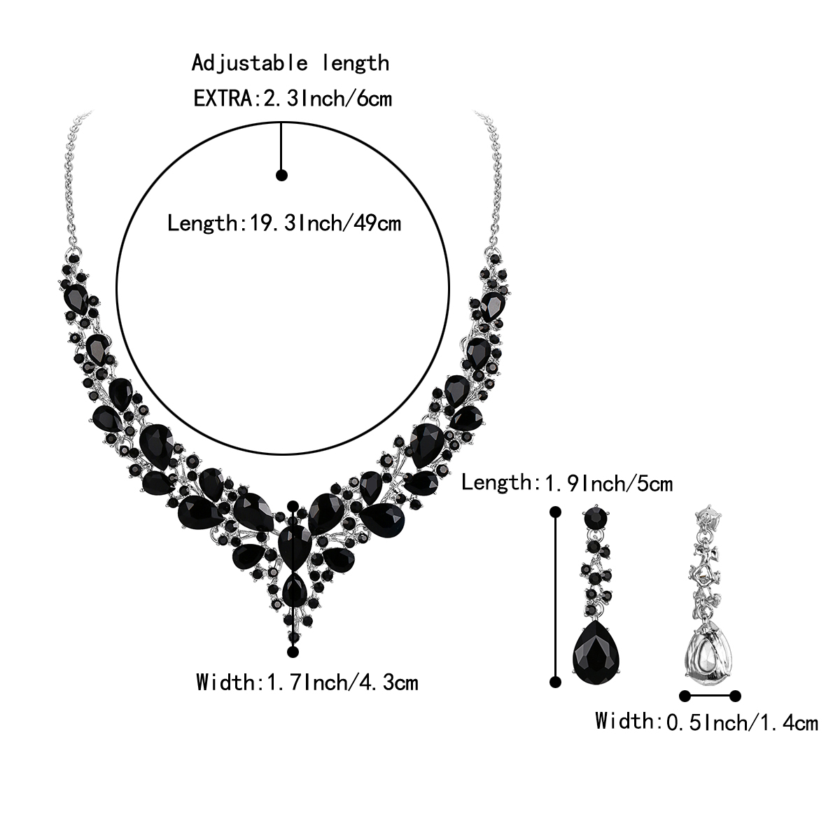 Wedure Wedding Bridal Necklace Earrings Jewelry Set for Women, Austrian Crystal Teardrop Cluster Statement Necklace Dangle Earrings Set Black Silver-Tone - image 5 of 5