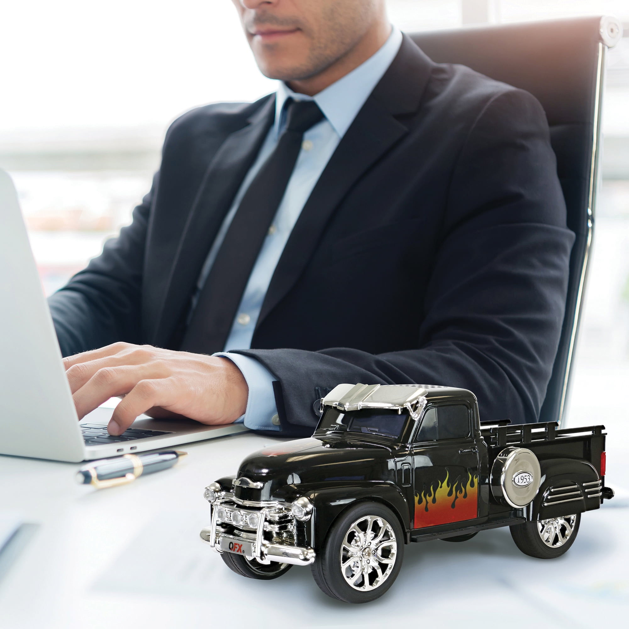 QFX BT-1953 RETRO TRUCK DUAL 2” BLUETOOTH SPEAKER WITH BASS RADIATOR AND ON-THE-GO LED LIGHTS (Black)