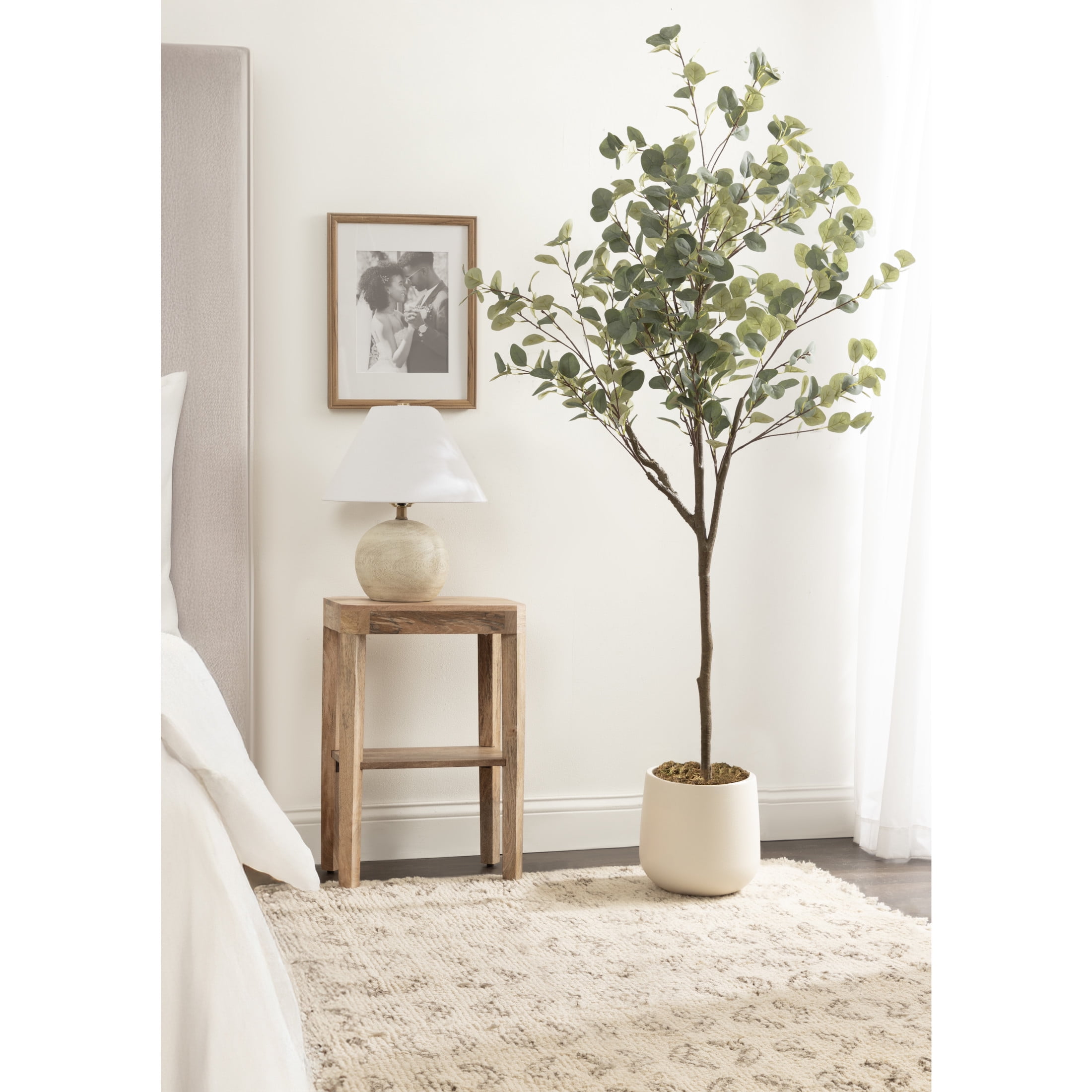 Kate and Laurel Eudora Faux Eucalyptus Tree with Jia Curved Planter Pot, 6 FT, Cream, Potted Artificial Tree Indoor with Realistic Foliage and Added Moss, Fake Plant for Living Room Decor