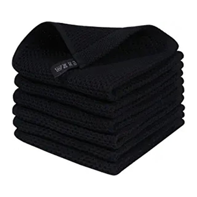Juego de 6 paños de cocina de algodón, paño de cocina con estampado de gofres superabsorbentes, paños de cocina de secado rápido, paños de cocina premium con colgador, 34 x 34 cm, negro