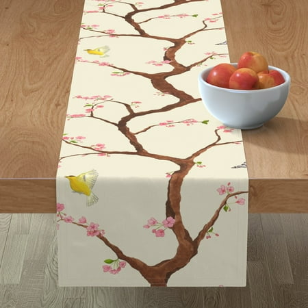 

Cotton Sateen Table Runner 90 - Cherry Blossoms Cream Chinoiserie Flowers Asian Print Custom Table Linens by Spoonflower