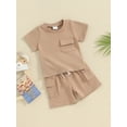 thumbnail image 4 of Musuos Toddler Boys Summer Outfits 6 12 18 24M 3T Solid Color Pocket Short Sleeve T-Shirts and Elastic Waist Shorts 2Pcs Clothes Set, 4 of 10