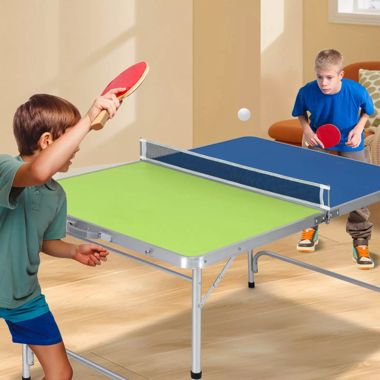 Auranook Foldable Ping Pong Table Game Set, 47" x 30" Mini Table Tennis Table with Adjustable Height for Indoor Outdoor, Portable Table Tennis Set Includes Net