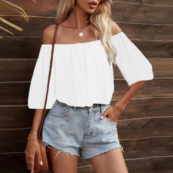Frostluinai Off Shoulder Tops for Women Strapless 3/4 Sleeve T Shirts Solid Color Lounge Shirts Flowy Summer Blouses Lightweight Tees